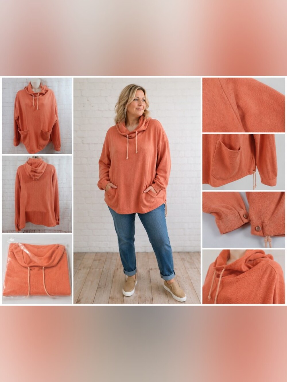 vintage obr oversized cowl neck hoodie peach coral pullover pockets m